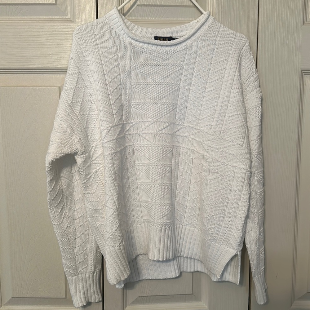Polo Ralph Lauren woman’s sweater. White Aztec cable knit size large.